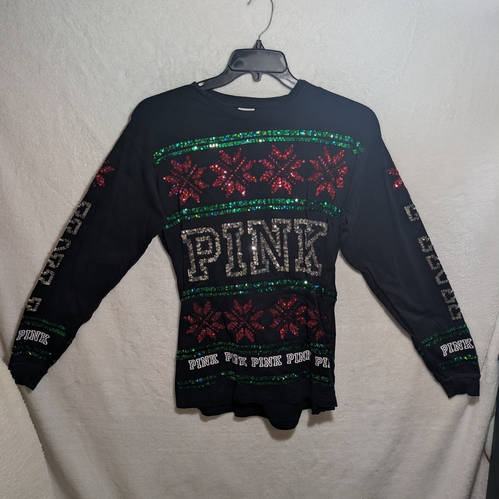 PINK Victoria's Secret Black and Green Sequin Sweater